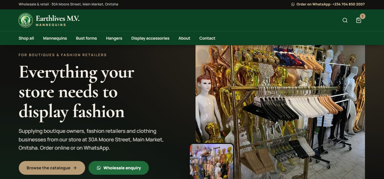 Earthlives MV Mannequins E-commerce Website — Home page with store navigation and mannequin display